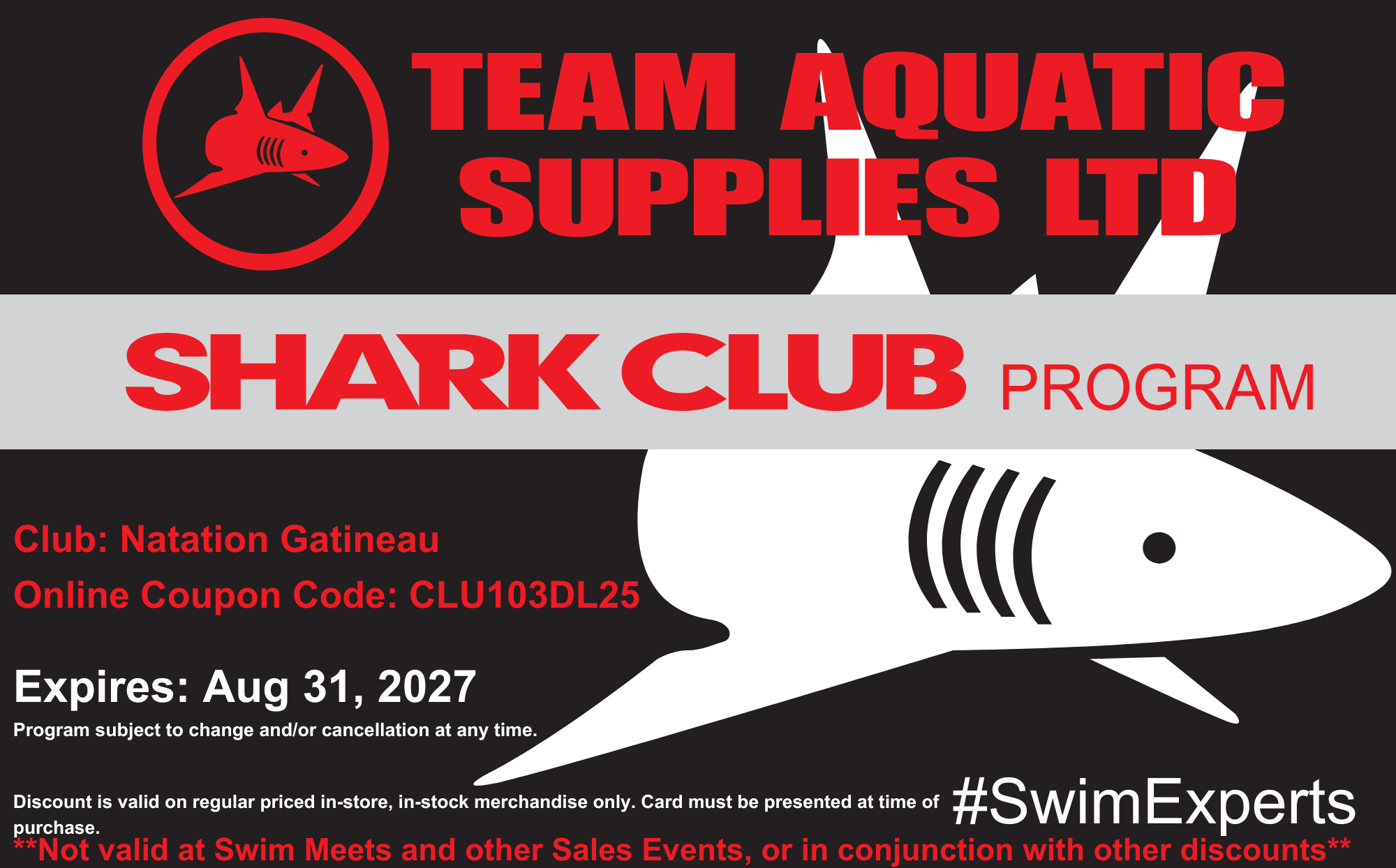 Carte Shark Club Team Aquatic Supplies - Natation Gatineau - code promo CLU103DL25